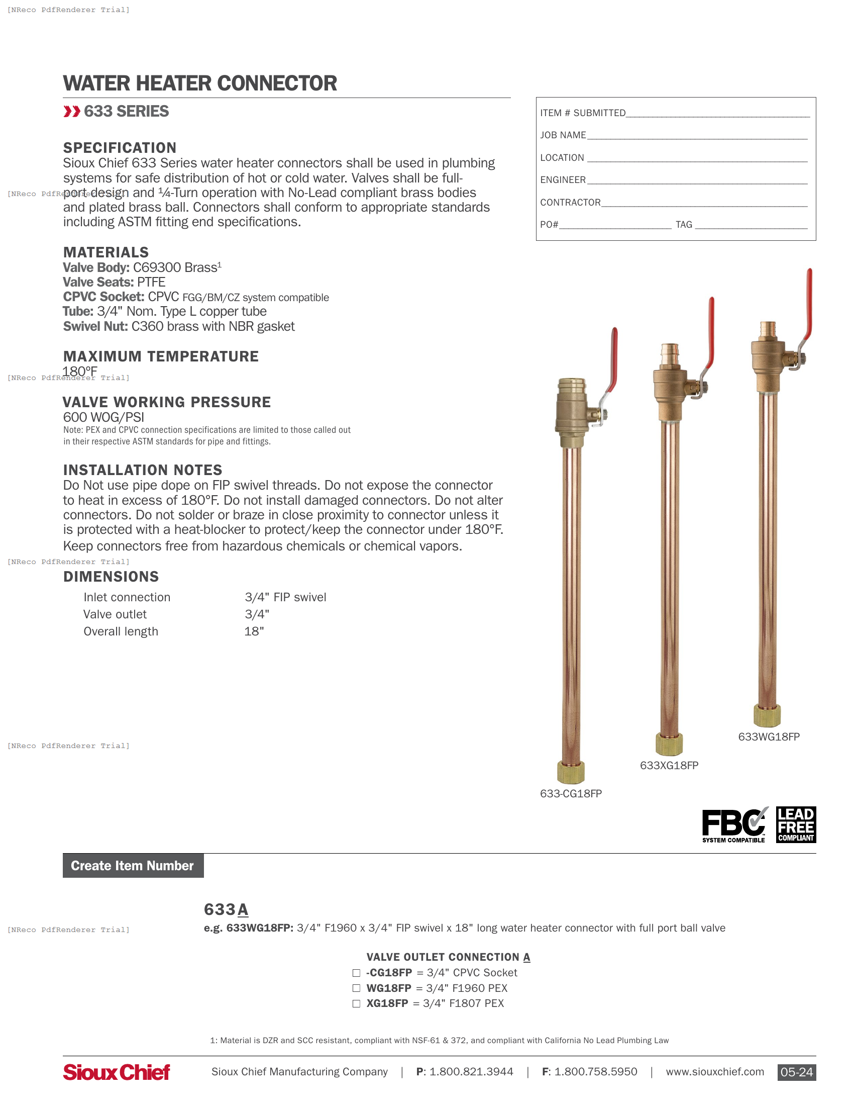 633 SERIES - WATER HEATER CONNECTORS WITH BALL VALVE - SPEC SHEET.PDF Specification Document